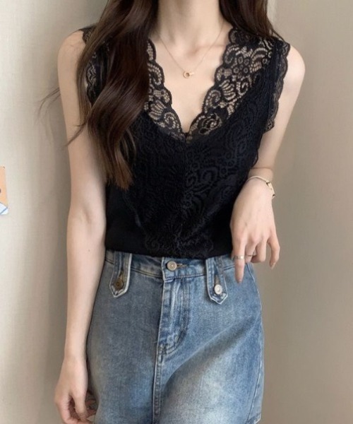 yuue' ( wear )(ユーイ)の「レースVネックサマーリブニットタンクトップ(タンクトップ・レディース・ブラック/ホワイト・FREE)」の10枚目の写真