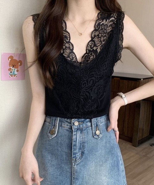 yuue' ( wear )(ユーイ)の「レースVネックサマーリブニットタンクトップ(タンクトップ・レディース・ブラック/ホワイト・FREE)」の9枚目の写真