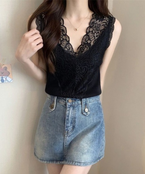 yuue' ( wear )(ユーイ)の「レースVネックサマーリブニットタンクトップ(タンクトップ・レディース・ブラック/ホワイト・FREE)」の8枚目の写真
