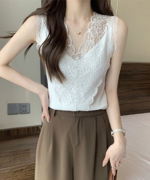 yuue' ( wear )(ユーイ)の「レースVネックサマーリブニットタンクトップ(タンクトップ・レディース・ブラック/ホワイト・FREE)」の14枚目の写真