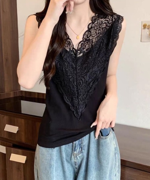 yuue' ( wear )(ユーイ)の「レースVネックサマーリブニットタンクトップ(タンクトップ・レディース・ブラック/ホワイト・FREE)」の3枚目の写真