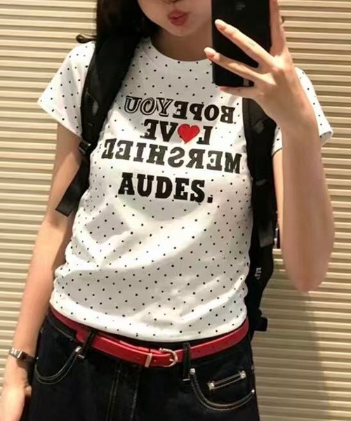 MEMECLE(メメクル)の「【 MEMECLE / メメクル 】ドットロゴプリントTシャツ(Tシャツ/カットソー・レディース・ネイビー/ホワイト/レッド/グレー・FREE)」の2枚目の写真