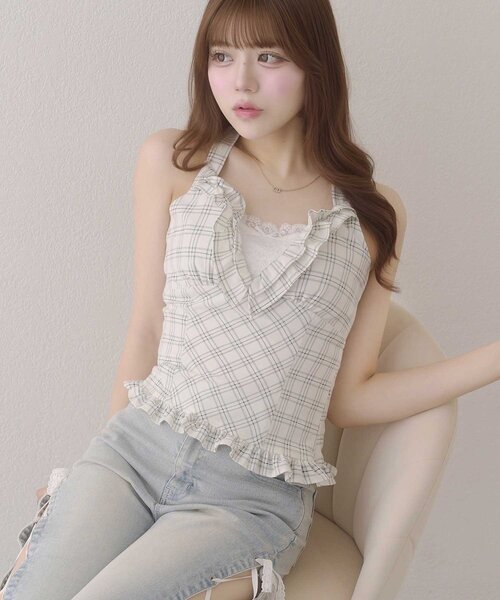 Belle Charme(ベルシャルム)の「【Belle Charme】Halter Neck Frill Tops(シャツ/ブラウス・レディース・ドット/オフホワイト/ブラック・FREE)」の1枚目の写真