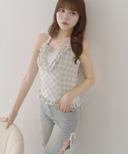 Belle Charme(ベルシャルム)の「【Belle Charme】Halter Neck Frill Tops(シャツ/ブラウス・レディース・ドット/オフホワイト/ブラック・FREE)」の4枚目の写真