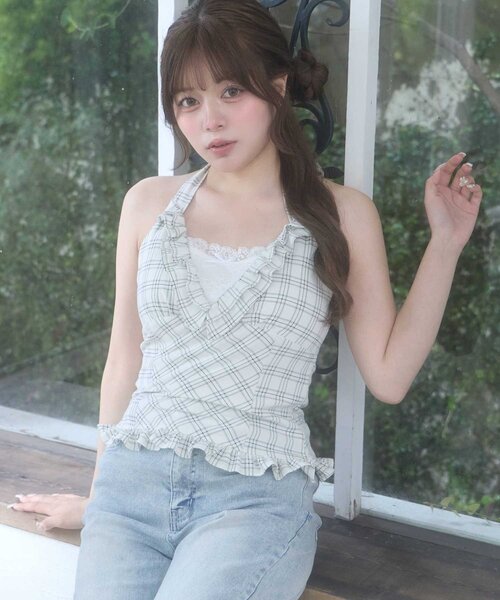 Belle Charme(ベルシャルム)の「【Belle Charme】Halter Neck Frill Tops(シャツ/ブラウス・レディース・ドット/オフホワイト/ブラック・FREE)」の5枚目の写真