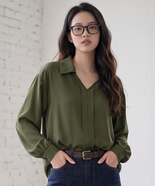 Sew loop(ソーループ)の「スキッパー風デザイン&ボリュームスリーブブラウス(シャツ/ブラウス・レディース・ブラック/オリーブ/グレー・FREE)」の3枚目の写真
