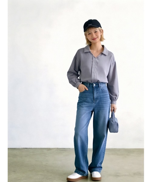 Sew loop(ソーループ)の「スキッパー風デザイン&ボリュームスリーブブラウス(シャツ/ブラウス・レディース・ブラック/オリーブ/グレー・FREE)」の4枚目の写真