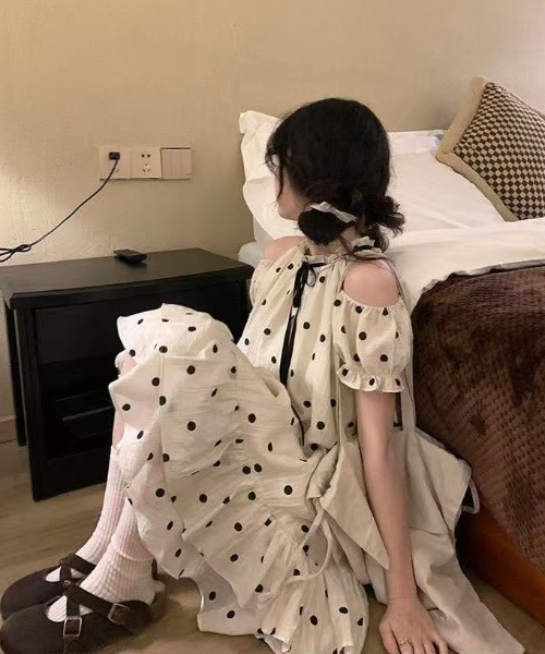 セール】ドット柄リボンティアードミニワンピース（ワンピース