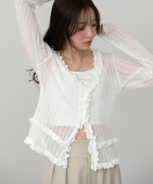 Bab（バブ）の「透かし編みフリルVネックニットカーディガン（カーディガン/ボレロ・レディース・チャコールグレー/オフホワイト/イエロー・FREE）」の8枚目の写真