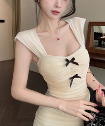 リボンシャーリングタイトミニワンピース