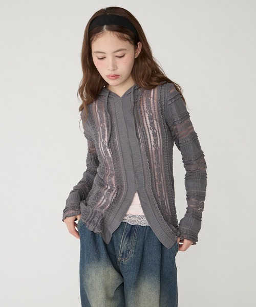 Unblend（アンブレンド）の「【Unblend】シアーレース シェイプシルエット フーディートップス（Tシャツ/カットソー・レディース・ブラック/チャコール/ライトブルー/オフホワイト・FREE）」の3枚目の写真