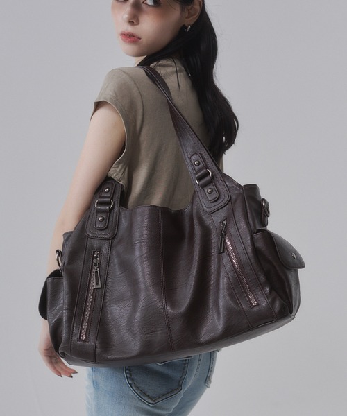 ENVYM(アンビー)の「2WAYダブルファスナービックハンド/ショルダーバッグ【大容量/A4対応】(ショルダーバッグ・レディース・ブラウン/ブラック・FREE)」の2枚目の写真