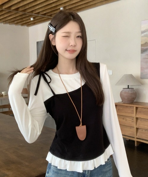 AVYL(アヴィル)の「アシンメトリーキャミドッキング 長袖カットソー(Tシャツ/カットソー・レディース・ブラック/グレー・M)」の2枚目の写真