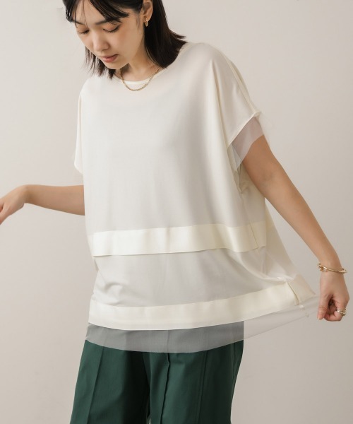 Bou Jeloud(ブージュルード)の「タイマルスクエア異素材切り替えプル(Tシャツ/カットソー・レディース・チャコールグレー/アイボリー・FREE)」の1枚目の写真