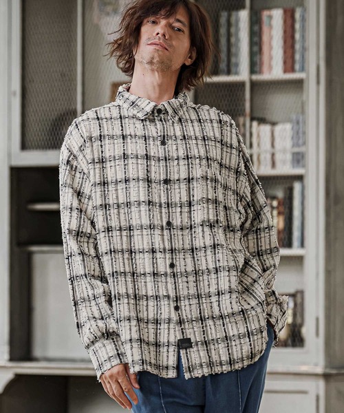 CAMBIO(カンビオ)の「ms6614-Textured Fringe Long Sleeve Shirt シャツ(PF-262-011)(シャツ/ブラウス・メンズ・ホワイト/ブラック・M/L)」の1枚目の写真