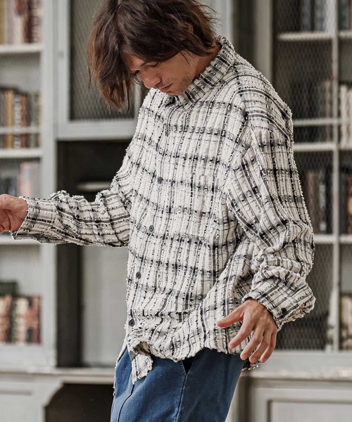 CAMBIO(カンビオ)の「ms6614-Textured Fringe Long Sleeve Shirt シャツ(PF-262-011)(シャツ/ブラウス・メンズ・ホワイト/ブラック・M/L)」の4枚目の写真