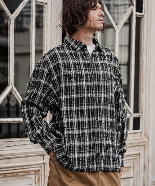 CAMBIO(カンビオ)の「ms6614-Textured Fringe Long Sleeve Shirt シャツ(PF-262-011)(シャツ/ブラウス・メンズ・ホワイト/ブラック・M/L)」の7枚目の写真