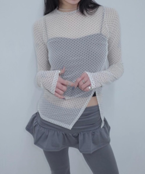 CELENA BEATS(セレナビーツ)の「ドット柄 シアー メッシュ ロングスリーブ トップス(Tシャツ/カットソー・レディース・ホワイト・FREE)」の2枚目の写真