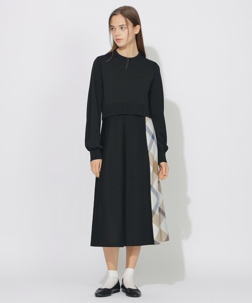 CB CRESTBRIDGE(シービークレストブリッジ)の「サイドチェックニットコンビワンピース(ワンピース・レディース・ブラック/ベージュ/レッド・M)」の1枚目の写真