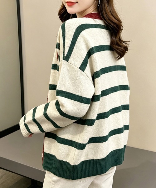 ReRe(リリ)の「配色ボーダーハート刺繍長袖ニットカーディガン(ニット/セーター・レディース・ネイビー/グリーン/レッド・FREE)」の13枚目の写真