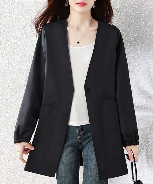 Doux Belle（ドゥーベル）の「Vネックノーカラーロングコート（ノーカラーコート・レディース・ブラック・X-LARGE/LARGE）」の3枚目の写真