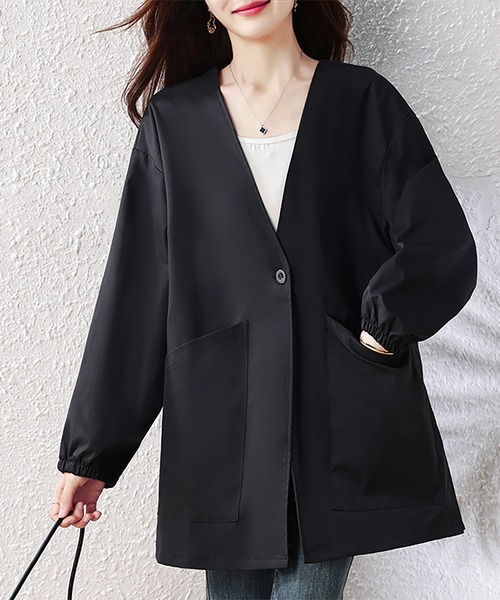 Doux Belle（ドゥーベル）の「Vネックノーカラーロングコート（ノーカラーコート・レディース・ブラック・X-LARGE/LARGE）」の4枚目の写真