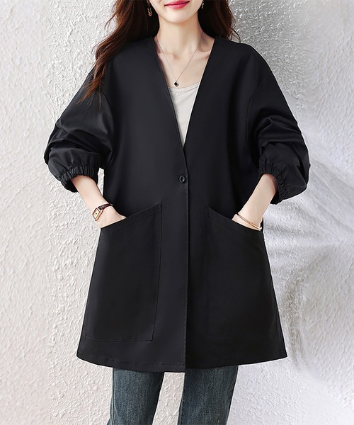 Doux Belle（ドゥーベル）の「Vネックノーカラーロングコート（ノーカラーコート・レディース・ブラック・X-LARGE/LARGE）」の6枚目の写真