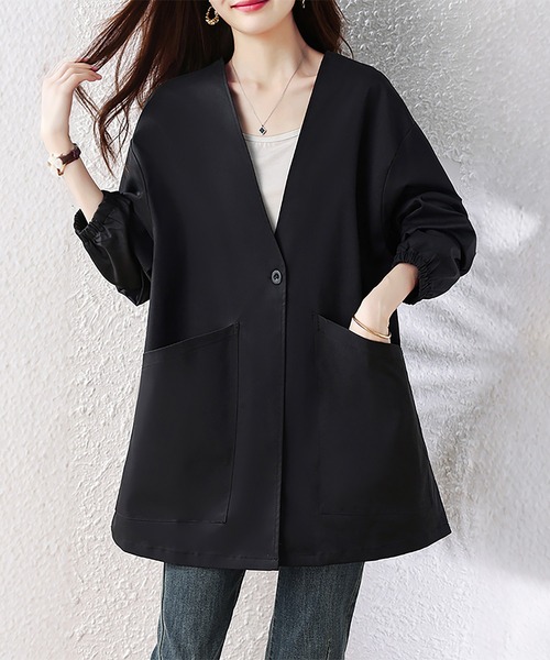 Doux Belle（ドゥーベル）の「Vネックノーカラーロングコート（ノーカラーコート・レディース・ブラック・X-LARGE/LARGE）」の8枚目の写真