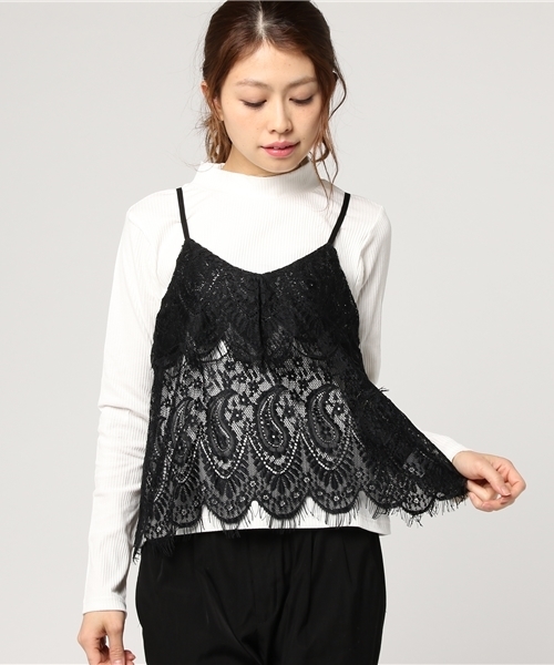 Honeys（ハニーズ）の「レースキャミアンサンブル（Tシャツ/カットソー・レディース・ピンク/ブラック/オフホワイト/グレー・L/M）」の2枚目の写真