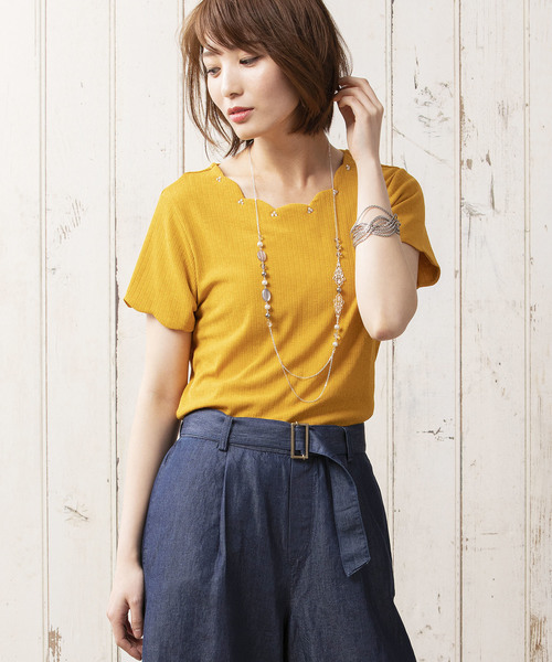 BELLUNA PLUS（ベルーナ）の「ビジュー付スカラップデザインプルオーバー（Tシャツ/カットソー・レディース・ネイビー/ブルー/イエロー系その他/レッド系その他・MEDIUM/LARGE/X-LARGE）」の4枚目の写真