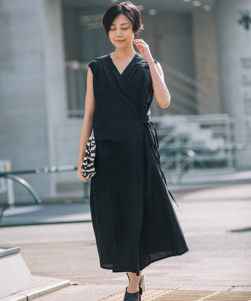 Munich（ミューニック）の「【2way】リネンレーヨンカシュクールワンピース/ロングジレ（ワンピース・レディース・ブラック/ベージュ/レッド/カーキ・FREE）」の19枚目の写真