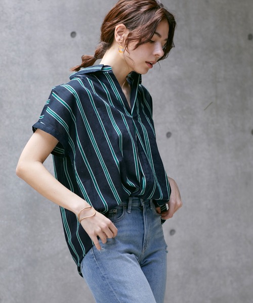 Chaco closet（チャコ クローゼット）の「インド綿キャンブリック フレンチスリーブ スキッパーシャツ（シャツ/ブラウス・レディース・ブルー系その他/チャコールグレー/ホワイト系その他/ブラウン系その他/オフホワイト/グリーン・M）」の6枚目の写真
