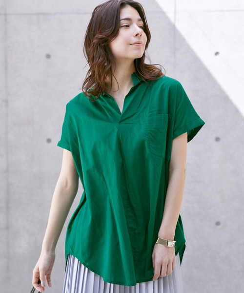 Chaco closet（チャコ クローゼット）の「インド綿キャンブリック フレンチスリーブ スキッパーシャツ（シャツ/ブラウス・レディース・ブルー系その他/チャコールグレー/ホワイト系その他/ブラウン系その他/オフホワイト/グリーン・M）」の5枚目の写真