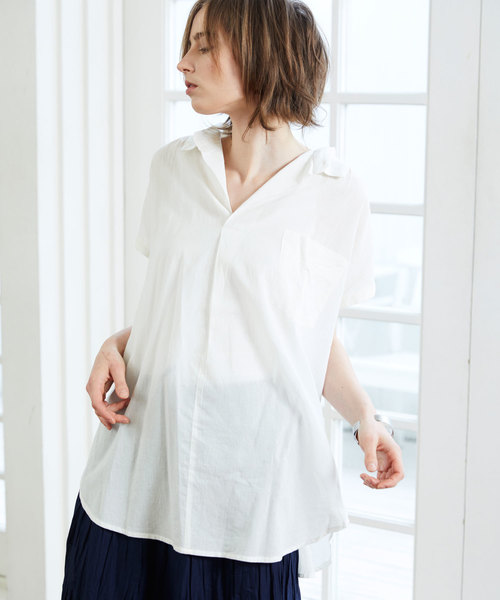 Chaco closet（チャコ クローゼット）の「インド綿キャンブリック フレンチスリーブ スキッパーシャツ（シャツ/ブラウス・レディース・ブルー系その他/チャコールグレー/ホワイト系その他/ブラウン系その他/オフホワイト/グリーン・M）」の7枚目の写真