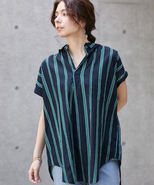 Chaco closet（チャコ クローゼット）の「インド綿キャンブリック フレンチスリーブ スキッパーシャツ（シャツ/ブラウス・レディース・ブルー系その他/チャコールグレー/ホワイト系その他/ブラウン系その他/オフホワイト/グリーン・M）」の12枚目の写真