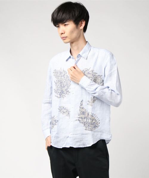 291295＝HOMME（ニーキューイチニーキューゴーオム）の「【LOST IN ALBION】　プリントリネンシャツ　サックス（シャツ/ブラウス・メンズ・ブルー系その他/ブルー系その他2・46/48）」の2枚目の写真
