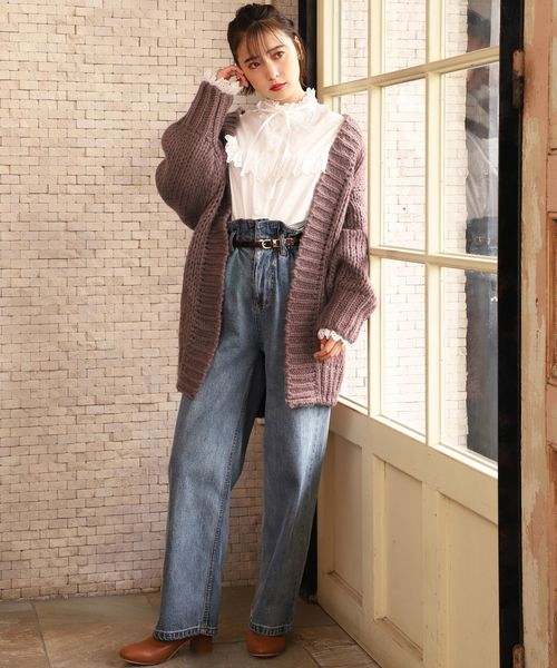 one after another NICE CLAUP（ワンアフターアナザーナイスクラップ）の「べっ甲ベルト付 デニムテーパードパンツ（デニムパンツ・レディース・アイボリー/ブラック/ネイビー/サックスブルー・SMALL/MEDIUM）」の5枚目の写真