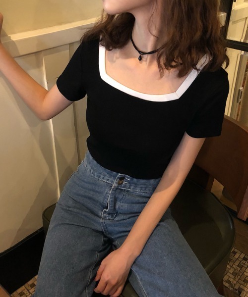 yuue' ( wear )(ユーイ)の「スクエアネックシンプル半袖Tシャツ(Tシャツ/カットソー・レディース・ホワイト/ブラック・MEDIUM/LARGE/X-LARGE)」の1枚目の写真