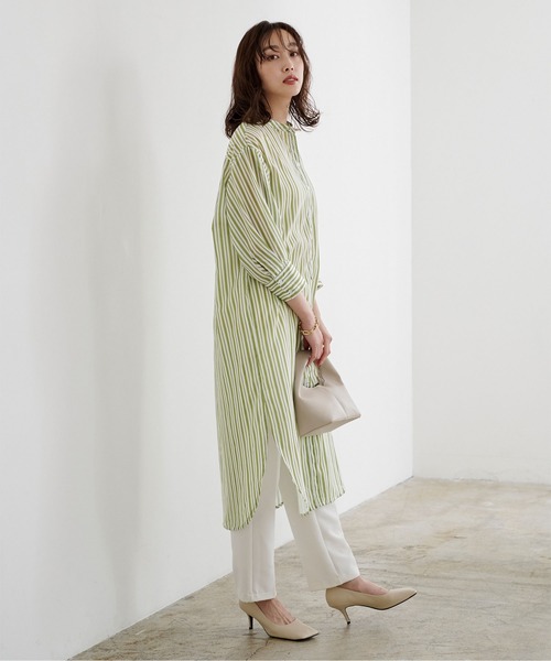 UR'S（ユアーズ）の「ﾊﾞﾝﾄﾞｶﾗｰｽﾄﾗｲﾌﾟｼｬﾂﾜﾝﾋﾟｰｽ（シャツワンピース・レディース・ブラック/グリーン系その他/グレイッシュベージュ・M）」の3枚目の写真