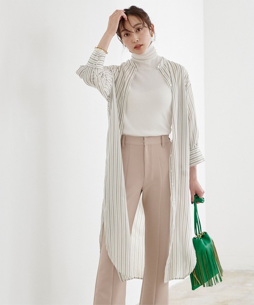 UR'S（ユアーズ）の「ﾊﾞﾝﾄﾞｶﾗｰｽﾄﾗｲﾌﾟｼｬﾂﾜﾝﾋﾟｰｽ（シャツワンピース・レディース・ブラック/グリーン系その他/グレイッシュベージュ・M）」の6枚目の写真