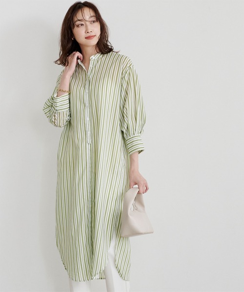 UR'S（ユアーズ）の「ﾊﾞﾝﾄﾞｶﾗｰｽﾄﾗｲﾌﾟｼｬﾂﾜﾝﾋﾟｰｽ（シャツワンピース・レディース・ブラック/グリーン系その他/グレイッシュベージュ・M）」の4枚目の写真