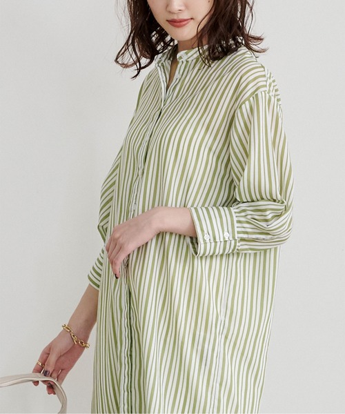 UR'S（ユアーズ）の「ﾊﾞﾝﾄﾞｶﾗｰｽﾄﾗｲﾌﾟｼｬﾂﾜﾝﾋﾟｰｽ（シャツワンピース・レディース・ブラック/グリーン系その他/グレイッシュベージュ・M）」の18枚目の写真