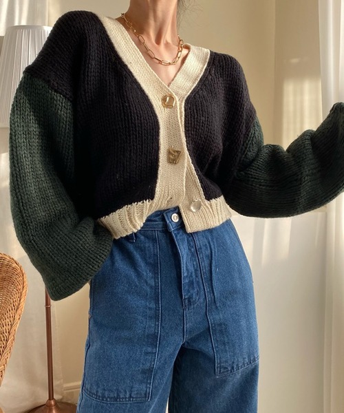 Jewelobe(ジュエローブ)の「配色ニットカーディガン(カーディガン/ボレロ・レディース・ブラウン/カーキ/アイボリー・FREE)」の1枚目の写真