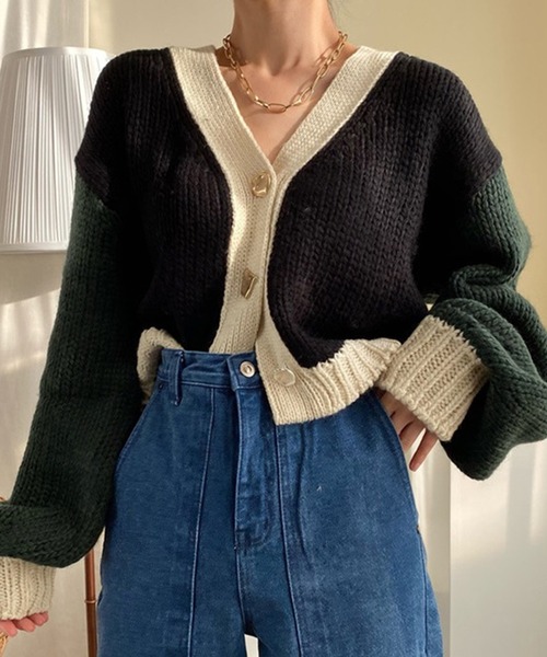 Jewelobe(ジュエローブ)の「配色ニットカーディガン(カーディガン/ボレロ・レディース・ブラウン/カーキ/アイボリー・FREE)」の4枚目の写真