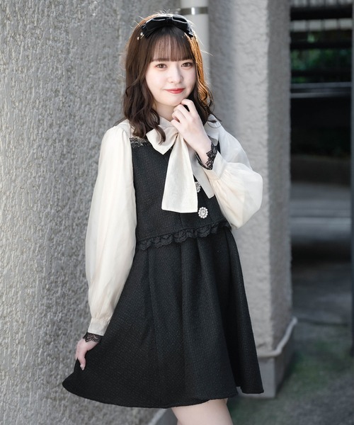 ROJITA（ロジータ）の「ビジュボウタイリボンツイードワンピース（ワンピース・レディース・ホワイト/ブラック/グレー・FREE）」の8枚目の写真