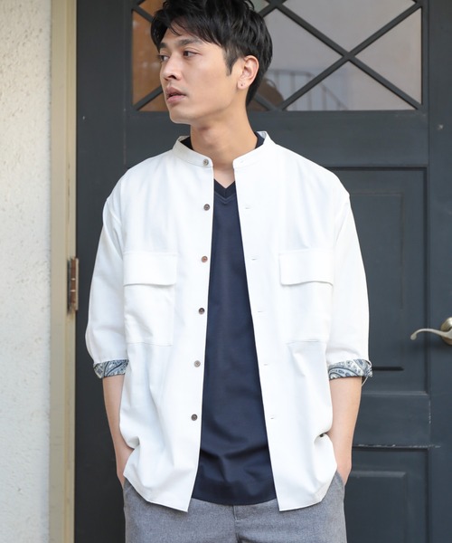 UNION STATION（ユニオンステーション）の「ソフトポプリン七分丈CPOバンドカラーシャツ（シャツ/ブラウス・メンズ・オフホワイト/オレンジ/ブルー・LL/M/L）」の2枚目の写真