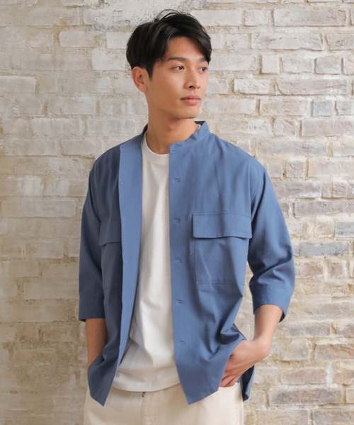 UNION STATION（ユニオンステーション）の「ソフトポプリン七分丈CPOバンドカラーシャツ（シャツ/ブラウス・メンズ・オフホワイト/オレンジ/ブルー・LL/M/L）」の3枚目の写真