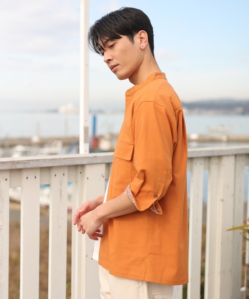 UNION STATION（ユニオンステーション）の「ソフトポプリン七分丈CPOバンドカラーシャツ（シャツ/ブラウス・メンズ・オフホワイト/オレンジ/ブルー・LL/M/L）」の4枚目の写真