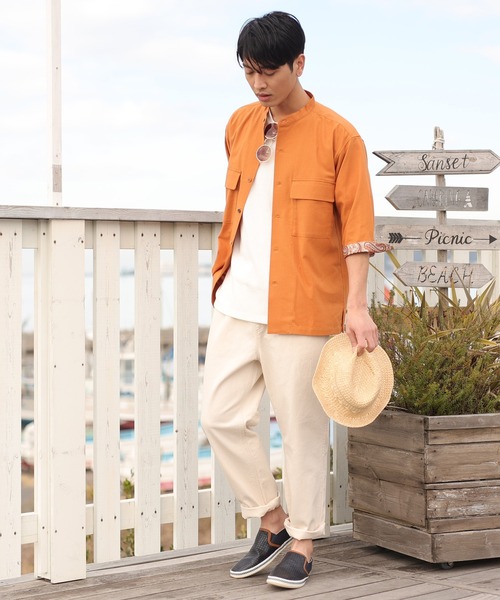 UNION STATION（ユニオンステーション）の「ソフトポプリン七分丈CPOバンドカラーシャツ（シャツ/ブラウス・メンズ・オフホワイト/オレンジ/ブルー・LL/M/L）」の8枚目の写真