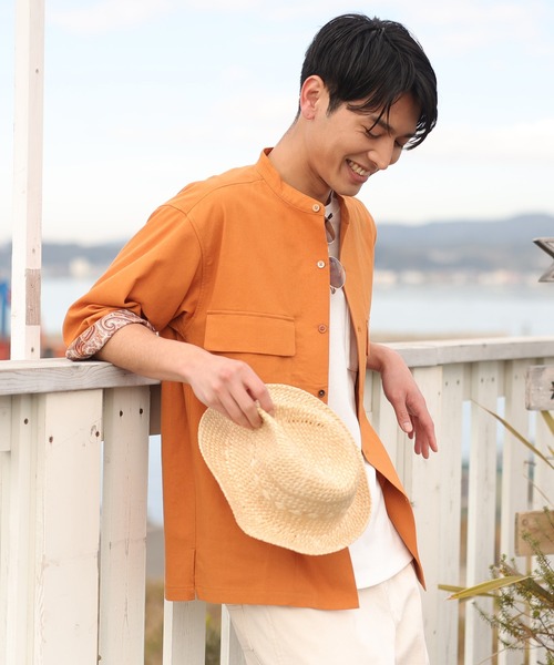 UNION STATION（ユニオンステーション）の「ソフトポプリン七分丈CPOバンドカラーシャツ（シャツ/ブラウス・メンズ・オフホワイト/オレンジ/ブルー・LL/M/L）」の9枚目の写真